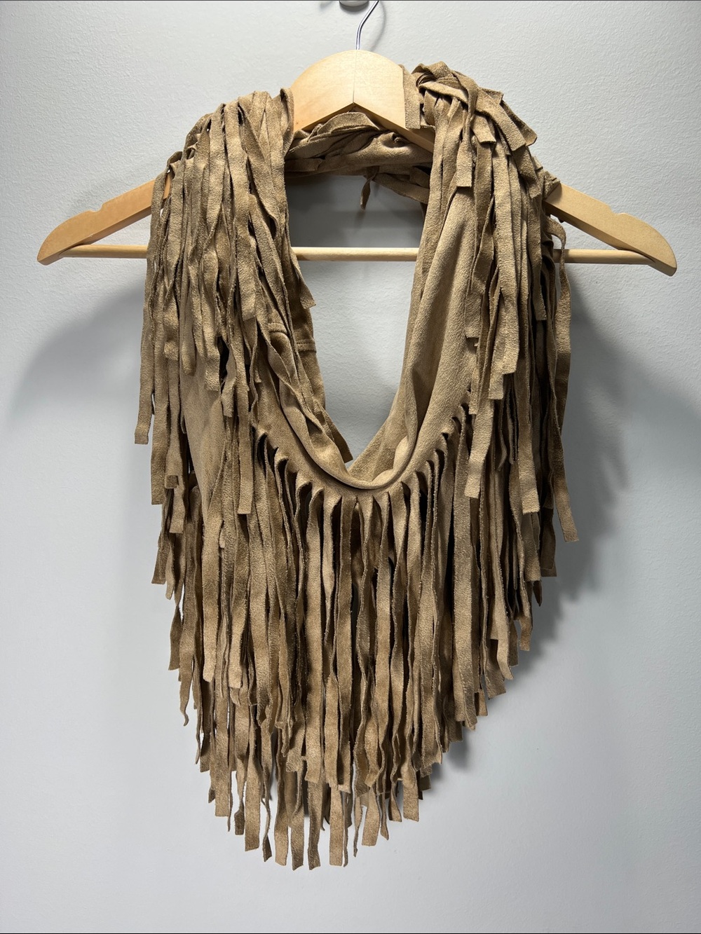 Roma Fringed Suede-Style Infinity Scarf in Tan